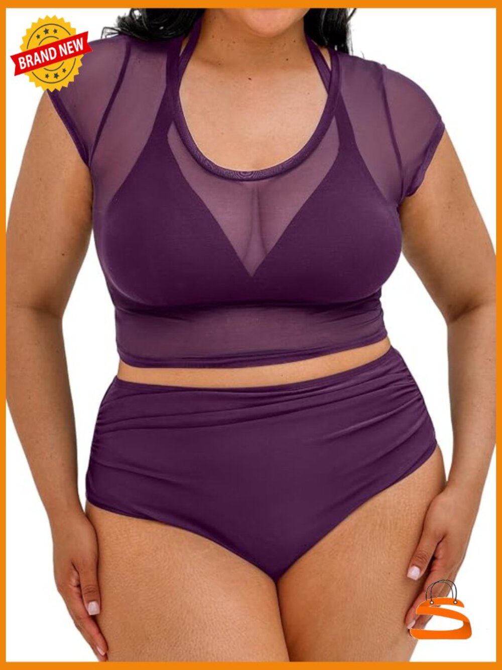 Plus Size 3-Piece High Waisted Bikini Set Halter Ruched Tummy Control